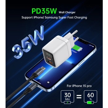 Mała mocna ładowarka sieciowa GaN USB-A USB-C PD 35W z wyświetlaczem biała