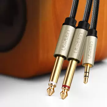 Kabel przewód audio mini jack 3.5 mm - 2 x jack 6.35mm 2m szary