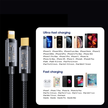 Kabel przewód w oplocie do iPhone USB-C - Lightning PD 20W 1.2m czarny