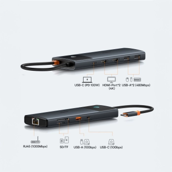 10w1 HUB Adapter USB-C do USB-C PD / 3x USB-A / 2x HDMI / RJ-45 / SD / TF czarny