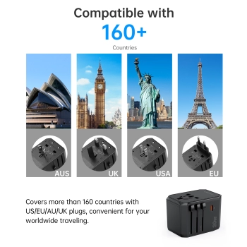 Uniwersalna ładowarka podróżna USB-C 2x USB-A PD 30W wtyczki USA EU UK AU czarna