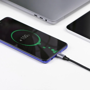 Kątowy kabel przewód USB-C Power Delivery 60W 20V 3A 2m czarno-szary