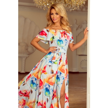 194-1 Długa suknia z hiszpańskim dekoltem - kolorowe malowane kwiaty-3