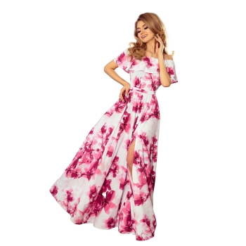 194-2 Długa suknia z hiszpańskim dekoltem - duże różowe kwiaty-5
