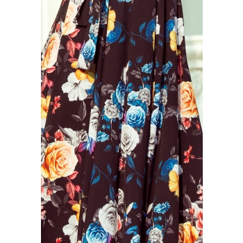 194-3 Długa suknia z hiszpańskim dekoltem - czarna w kolorowe kwiaty-6