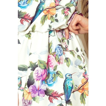191-6 Sukienka MAXI wiązana na szyi z rozcięciem - kolorowe róże i niebieskie ptaszki-6