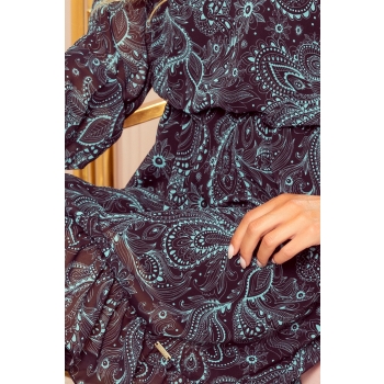 295-3 BAKARI zwiewna szyfonowa sukienka z dekoltem - TURKUSOWY WZÓR-5