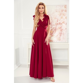 405-1 ELENA Długa suknia z dekoltem i wiązaniami na ramionach - BORDOWA-1