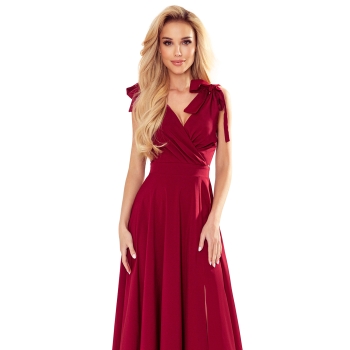 405-1 ELENA Długa suknia z dekoltem i wiązaniami na ramionach - BORDOWA-7