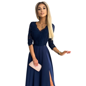 309-6 AMBER elegancka koronkowa długa suknia z dekoltem - GRANATOWA-8