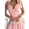 405-3 ELENA Długa suknia z dekoltem i wiązaniami na ramionach - BRUDNY RÓŻ-5