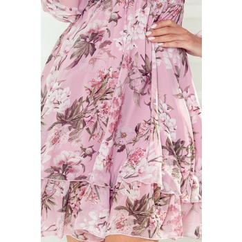 410-1 MONICA szyfonowa sukienka z wiązanym dekoltem - BRUDNY RÓŻ + KWIATY-5