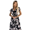 434-1 LISA Plisowana sukienka midi z dekoltem i falbankami - kwiat brzoskwini na czarnym tle-8