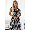 434-1 LISA Plisowana sukienka midi z dekoltem i falbankami - kwiat brzoskwini na czarnym tle-4