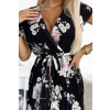 434-2 LISA Plisowana sukienka midi z dekoltem i falbankami - wiosenne kwiaty na czarnym tle-5