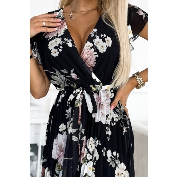 434-2 LISA Plisowana sukienka midi z dekoltem i falbankami - wiosenne kwiaty na czarnym tle-5