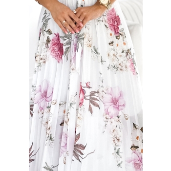 434-6 LISA Plisowana sukienka midi z dekoltem i falbankami - wiosenne kwiaty na białym tle-6