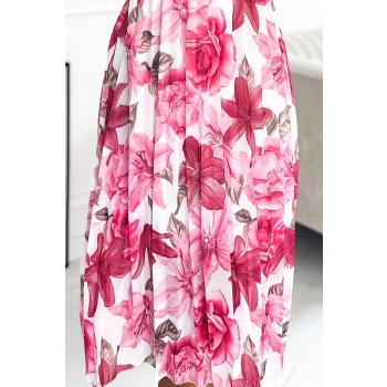 449-5 CARLA Plisowana sukienka midi z guziczkami i długim rękawkiem - ciemno-różowe KWIATY na białym tle-6