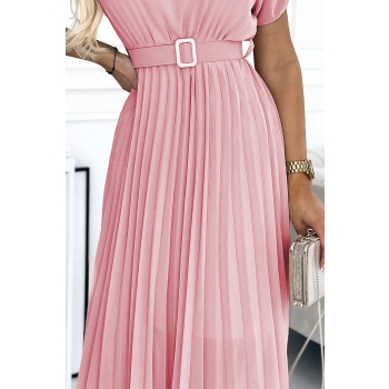 465-3 MIA Plisowana sukienka midi z szerokim paskiem - BRUDNY RÓŻ-5