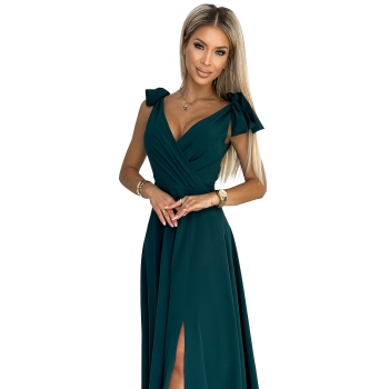405-4 ELENA Długa suknia z dekoltem i wiązaniami na ramionach - BUTELKOWA ZIELEŃ-8