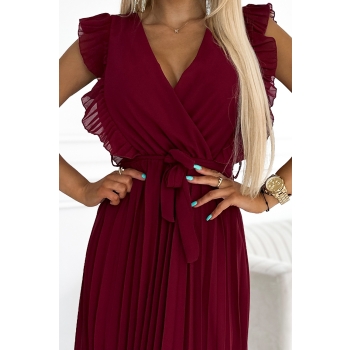 469-1 Plisowana sukienka z falbankami, dekoltem i paskiem - BURGUND-6