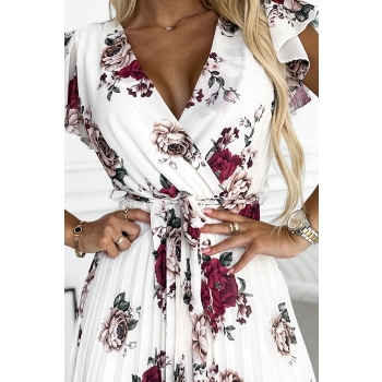 434-7 LISA Plisowana sukienka midi z dekoltem i falbankami - BORDOWE RÓŻE-6