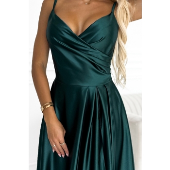 299-9 CHIARA elegancka maxi długa satynowa suknia na ramiączkach - ZIELEŃ BUTELKOWA-6