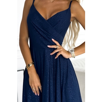 299-10 CHIARA elegancka maxi długa suknia na ramiączkach - GRANATOWA Z BROKATEM-6