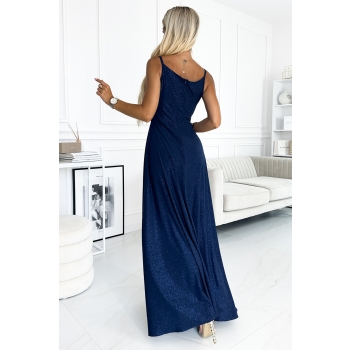 299-10 CHIARA elegancka maxi długa suknia na ramiączkach - GRANATOWA Z BROKATEM-3