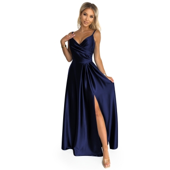 299-12 CHIARA elegancka maxi długa satynowa suknia na ramiączkach - GRANATOWA-7