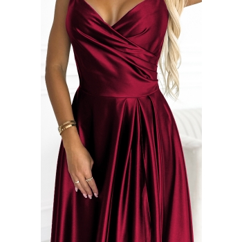299-13 CHIARA elegancka maxi długa satynowa suknia na ramiączkach - BORDOWA-6