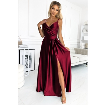 299-13 CHIARA elegancka maxi długa satynowa suknia na ramiączkach - BORDOWA-1