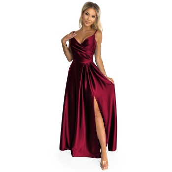 299-13 CHIARA elegancka maxi długa satynowa suknia na ramiączkach - BORDOWA-7