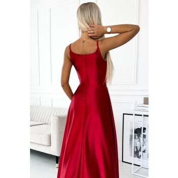 299-14 CHIARA elegancka maxi długa satynowa suknia na ramiączkach - CZERWONA-5
