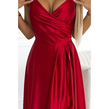 299-14 CHIARA elegancka maxi długa satynowa suknia na ramiączkach - CZERWONA-6