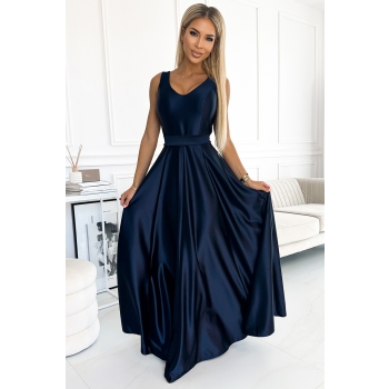 508-1 CINDY długa satynowa suknia z dekoltem i kokardą - GRANATOWA-1