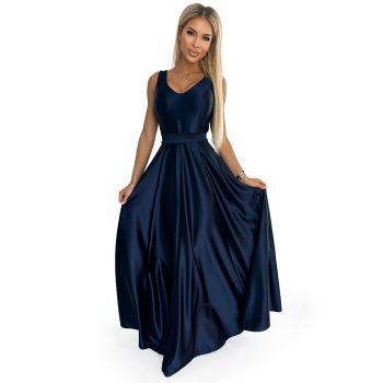 508-1 CINDY długa satynowa suknia z dekoltem i kokardą - GRANATOWA-7