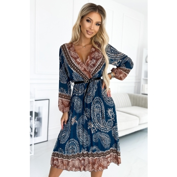 510-1 Plisowana sukienka midi z dekoltem, długim rękawkiem i czarnym paskiem - niebiesko-brązowy wzór-1