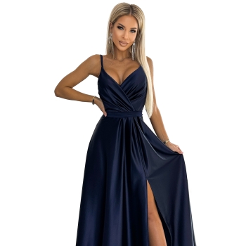 512-2 JULIET elegancka długa satynowa suknia z dekoltem - GRANATOWA-8