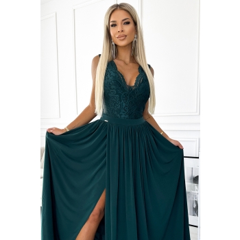 211-6 LEA długa suknia z koronkowym dekoltem - ZIELEŃ BUTELKOWA-4