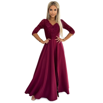 309-9 AMBER elegancka długa suknia maxi z koronkowym dekoltem - BORDOWA-7
