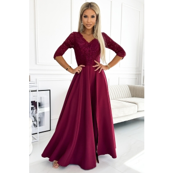 309-9 AMBER elegancka długa suknia maxi z koronkowym dekoltem - BORDOWA-1