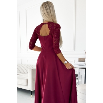 309-9 AMBER elegancka długa suknia maxi z koronkowym dekoltem - BORDOWA-5
