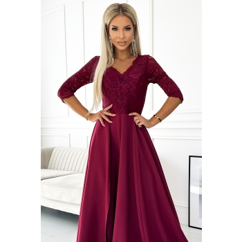 309-9 AMBER elegancka długa suknia maxi z koronkowym dekoltem - BORDOWA-4