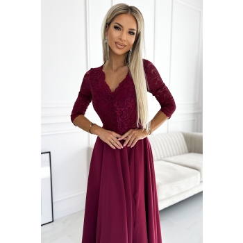 309-9 AMBER elegancka długa suknia maxi z koronkowym dekoltem - BORDOWA-2