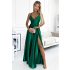 513-1 LUNA elegancka długa satynowa suknia z dekoltem i skrzyżowanymi ramiączkami - ZIELEŃ BUTELKOWA-1