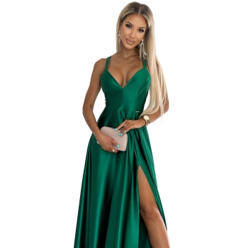 513-1 LUNA elegancka długa satynowa suknia z dekoltem i skrzyżowanymi ramiączkami - ZIELEŃ BUTELKOWA-8