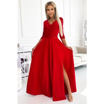 309-8 AMBER koronkowa elegancka długa suknia z dekoltem i rozcięciem na nogę - CZERWONA-1