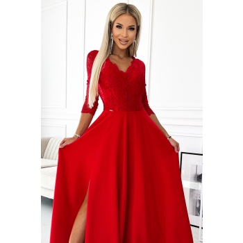 309-8 AMBER koronkowa elegancka długa suknia z dekoltem i rozcięciem na nogę - CZERWONA-4