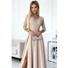 309-10 AMBER koronkowa elegancka długa suknia z dekoltem i rozcięciem na nogę - BEŻOWA-5